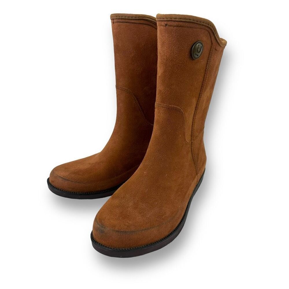 Ulan Women's 8 Fabric Touch Rain Boots Brown Mid Calf‎ Chunky Lug Sole Outdoor